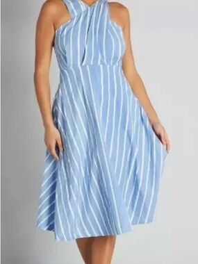 Emily and Fin Blue and White Striped Halter Midi Dress